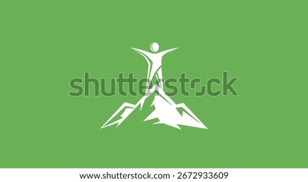 Stylized figure standing atop a mountain peak, arms raised in triumph, symbolizing achievement and overcoming challenges.