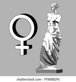 The stylized figure of Venus and the symbol of venus. Vector illustration on the grey background.