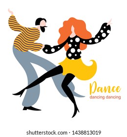 Stylized figures of dancing woman and man, funny dancers, illustration in flat style design