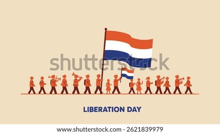 Stylized figures parade with Dutch flag, musicians play trumpets, celebrating Liberation Day.