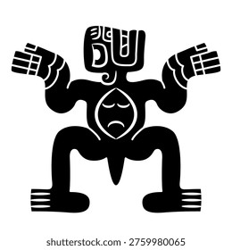 Stylized figurine of fantastic creature. Native American indigenous design from ancient Peru. Cupisnique culture. Black and white silhouette.