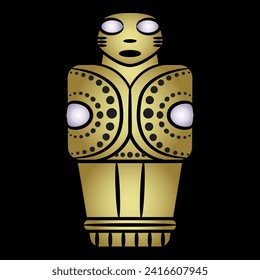 Stylized figurine of a man. Tribal idol. Native American pre Columbian art from Costa Rica. El Dorado. Golden silhouette with white on black background. 