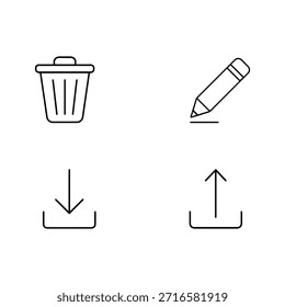 Stylized file management and edit icons
Four icons in a 2x2 grid: trash can, pencil, download arrow, and upload arrow. Common symbols for digital file management.