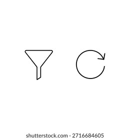 Stylized filter and refresh icons
Pair of icons side by side: funnel for filtering and circular arrow for refreshing. Minimalist design for digital applications.