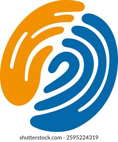 Stylized fingerprint with orange and blue segments, featuring curved lines and central swirl, representing individuality and recognition in design. Not AI Generated