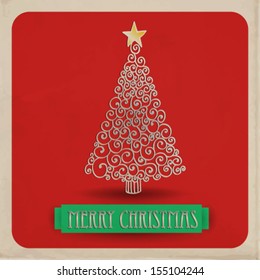 Stylized fir tree with star on top, Red Christmas background with square frame and green label