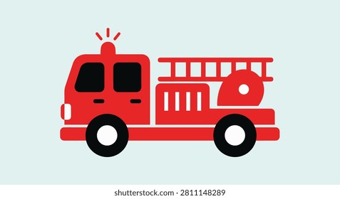 Stylized fire engine icon with a red body ladder and hose reel side view vector graphic isolated on a light blue background.