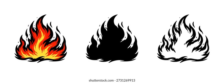 Stylized fire flame icons set in color, silhouette, and outline versions. Hand-drawn comic style fire elements isolated on white background.