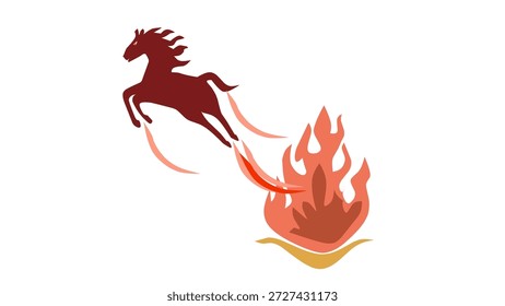 Caballo de fuego estilizado saltando a través de las llamas, simbolizando la fuerza, la suerte y el espíritu del Año Nuevo Lunar