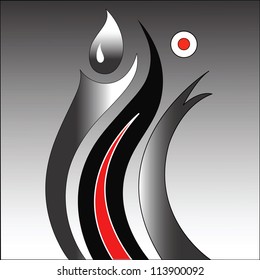 Stylized fire with red flame on black and white background