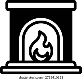 Ilustración de chimenea estilizada con una llama brillante, adecuada para decoración del hogar, calefacción o temas de ambiente acogedor.