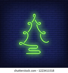 Stylized fir-tree neon sign. Christmas party advertisement design. Night bright neon sign, colorful billboard, light banner. Vector illustration in neon style.