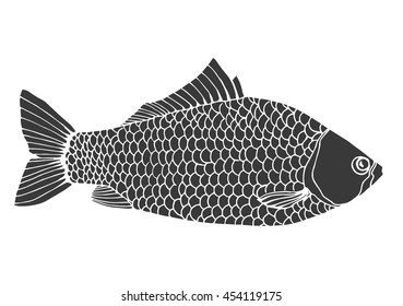 Stylized fish. Carp. River fish. Black and white drawing by hand. Line art. Tattoo. Doodle. Graphic arts.
