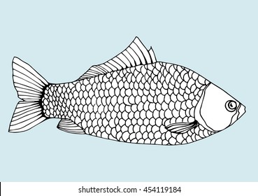 Stylized fish. Carp. River fish. Black and white drawing by hand. Line art. Tattoo. Doodle. Graphic arts.