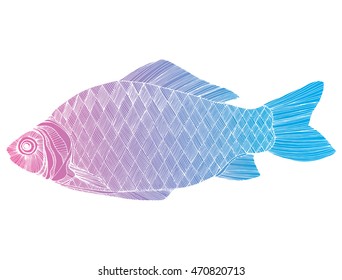 Stylized fish. Carp. River fish. Black and white drawing by hand. Line art. Tattoo. Doodle. Graphic arts.