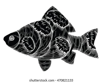 Stylized fish. Carp. River fish. Black and white drawing by hand. Line art. Tattoo. Doodle. Graphic arts.