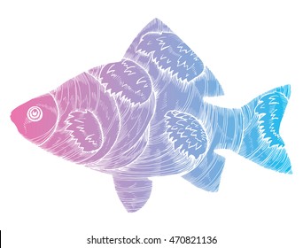 Stylized fish. Carp. River fish. Black and white drawing by hand. Line art. Tattoo. Doodle. Graphic arts.