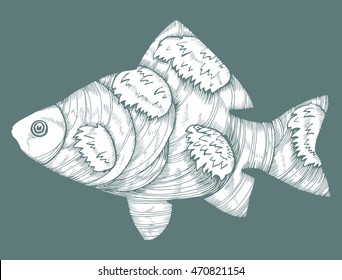 Stylized fish. Carp. River fish. Black and white drawing by hand. Line art. Tattoo. Doodle. Graphic arts.