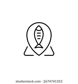 Icono De Pescado Estilizado Dentro De Un Emblema De Pin De Locación Que Representa El Destino De Mariscos
