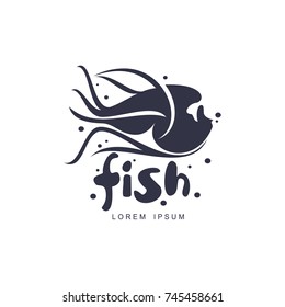 stylized fish icon pictogram. Small decorative exotic aquarium fish with long fins. Vector flat silhouette illustration isolated on a white background.