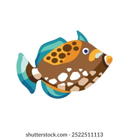 Stylized fish illustration with abstract patterns in orange, brown, and teal hues on a white background.