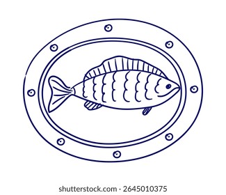 Stylized fish illustration in a circular frame designed for nautical themes or aquatic decor