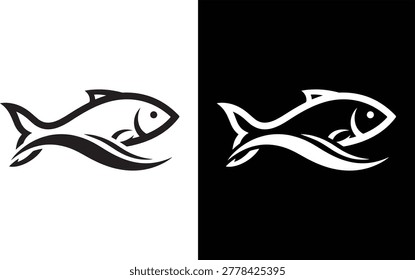 Stylized fish jumping over wave minimalist icon with minimalist monochrome contrast abstract wildlife movement swimming creature illustration streamlined silhouette environment