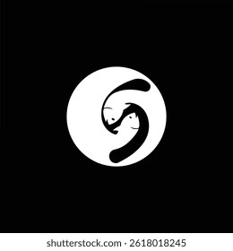 Logotipo estilizado de peixe na forma da letra S formando um círculo, representando fluxo, natureza e harmonia. Ideal para marcas aquáticas, ecológicas e criativas.