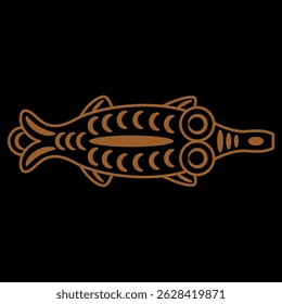 Stylized fish. Medieval design. BROWN silhouette on black background.