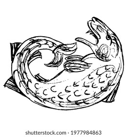 Stylized fish. Medieval folk style. Hand drawn linear doodle rough sketch. Black silhouette on white background.
