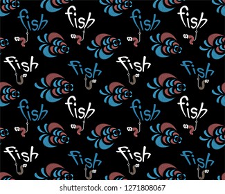 Stylized fish on a black background with lettering. Funny seamless pattern for kids and adults. Vector illustration.