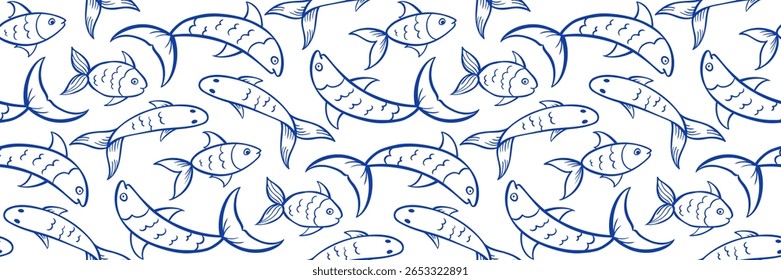Stylized fish pattern in blue with loose sketchy lines. Nautical style background. Perfect for fabric, packaging, beach, coastal restaurant, decor. Hand vector doodle illustration with ocean vibes.