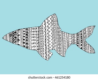 Stylized fish. River fish. Black and white drawing by hand. Line art. Tattoo. Doodle. Graphic arts. Ornamental fish. Pattern.