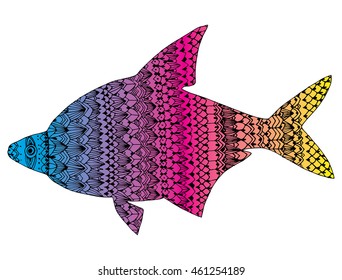 Stylized fish. River fish. Black and white drawing by hand. Line art. Tattoo. Doodle. Graphic arts. Ornamental fish. Pattern.