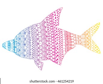 Stylized fish. River fish. Black and white drawing by hand. Line art. Tattoo. Doodle. Graphic arts. Ornamental fish. Pattern.