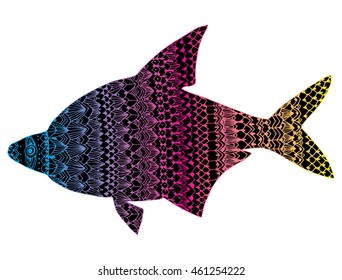 Stylized fish. River fish. Black and white drawing by hand. Line art. Tattoo. Doodle. Graphic arts. Ornamental fish. Pattern.