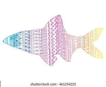 Stylized fish. River fish. Black and white drawing by hand. Line art. Tattoo. Doodle. Graphic arts. Ornamental fish. Pattern.