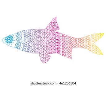 Stylized fish. River fish. Black and white drawing by hand. Line art. Tattoo. Doodle. Graphic arts. Ornamental fish. Pattern.