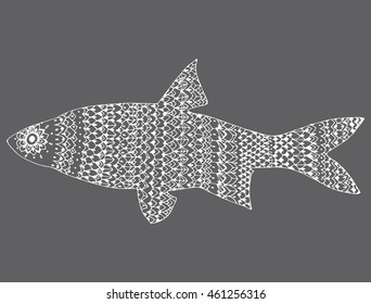 Stylized fish. River fish. Black and white drawing by hand. Line art. Tattoo. Doodle. Graphic arts. Ornamental fish. Pattern.