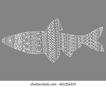 Stylized fish. River fish. Black and white drawing by hand. Line art. Tattoo. Doodle. Graphic arts. Ornamental fish. Pattern.