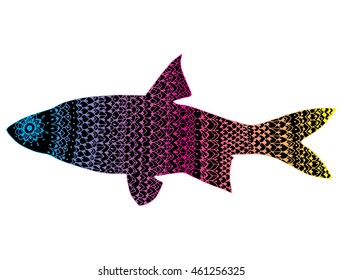Stylized fish. River fish. Black and white drawing by hand. Line art. Tattoo. Doodle. Graphic arts. Ornamental fish. Pattern.