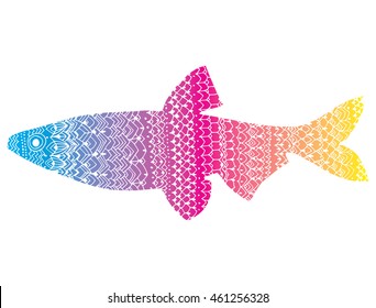 Stylized fish. River fish. Black and white drawing by hand. Line art. Tattoo. Doodle. Graphic arts. Ornamental fish. Pattern.