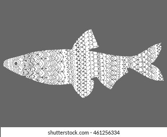 Stylized fish. River fish. Black and white drawing by hand. Line art. Tattoo. Doodle. Graphic arts. Ornamental fish. Pattern.