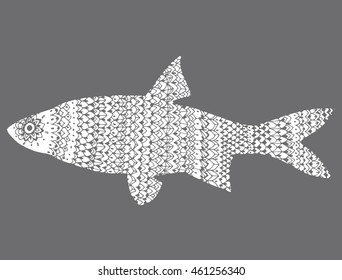 Stylized fish. River fish. Black and white drawing by hand. Line art. Tattoo. Doodle. Graphic arts. Ornamental fish. Pattern.