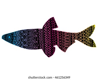 Stylized fish. River fish. Black and white drawing by hand. Line art. Tattoo. Doodle. Graphic arts. Ornamental fish. Pattern.