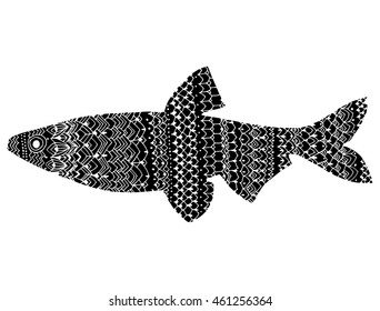 Stylized fish. River fish. Black and white drawing by hand. Line art. Tattoo. Doodle. Graphic arts. Ornamental fish. Pattern.