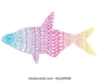 Stylized fish. River fish. Black and white drawing by hand. Line art. Tattoo. Doodle. Graphic arts. Ornamental fish. Pattern.