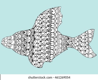 Stylized fish. River fish. Black and white drawing by hand. Line art. Tattoo. Doodle. Graphic arts. Ornamental fish. Pattern.