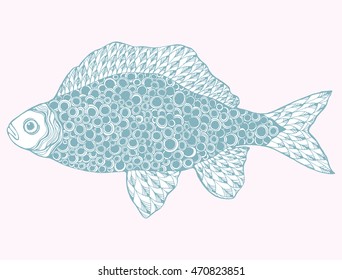 Stylized fish. River fish. Black and white drawing by hand. Line art. Tattoo. Doodle. Graphic arts. Ornamental fish. Pattern.