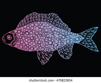 Stylized fish. River fish. Black and white drawing by hand. Line art. Tattoo. Doodle. Graphic arts. Ornamental fish. Pattern.